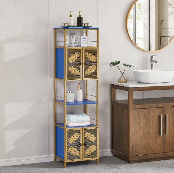 Freestanding Tall Cabinet – Narrow Metal Locker with Open Compartment & Doors (Orange + Gold, 58.8")