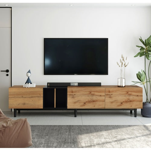 Modern TV Stand for 80-Inch TVs – Natural Wood Media Console with 3 Doors & Spacious Storage