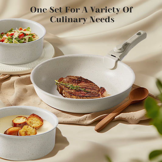 12 POTS And Pans Set, Non-stick Granite Cookware Set - Detachable Handles, Dishwasher Safe, Space-saving