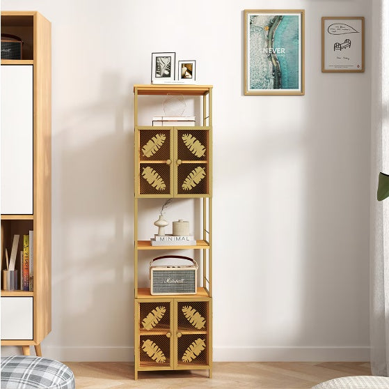Freestanding Tall Cabinet – Narrow Metal Locker with Open Compartment & Doors (Orange + Gold, 58.8")