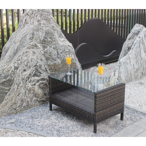 Outdoor Patio Coffee Table with Tempered Glass Top – Brown Wicker