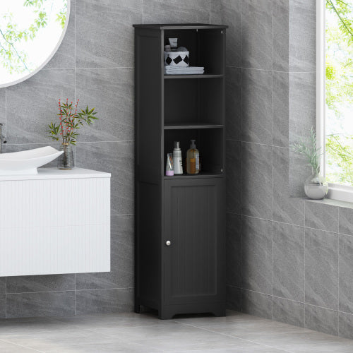 Modern Black Bathroom Storage Cabinet – Tall Linen Tower with Open Shelves & Enclosed Storage, Compact Vertical Design (63")