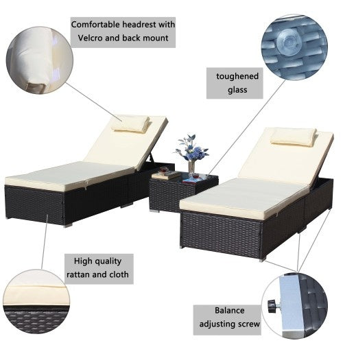 3-Piece Outdoor Chaise Lounge Patio Set – Reclining Rattan Lounger Chairs with Cushions & Tempered Glass Table, Adjustable Backrest, Dark Gray Wicker + Beige Cushions