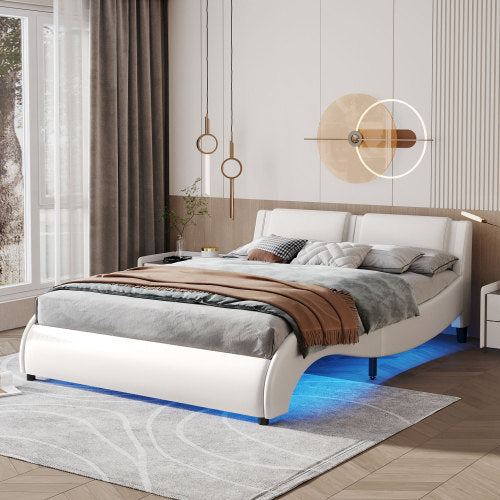 Queen Faux Leather LED Platform Bed – White (Queen Size)