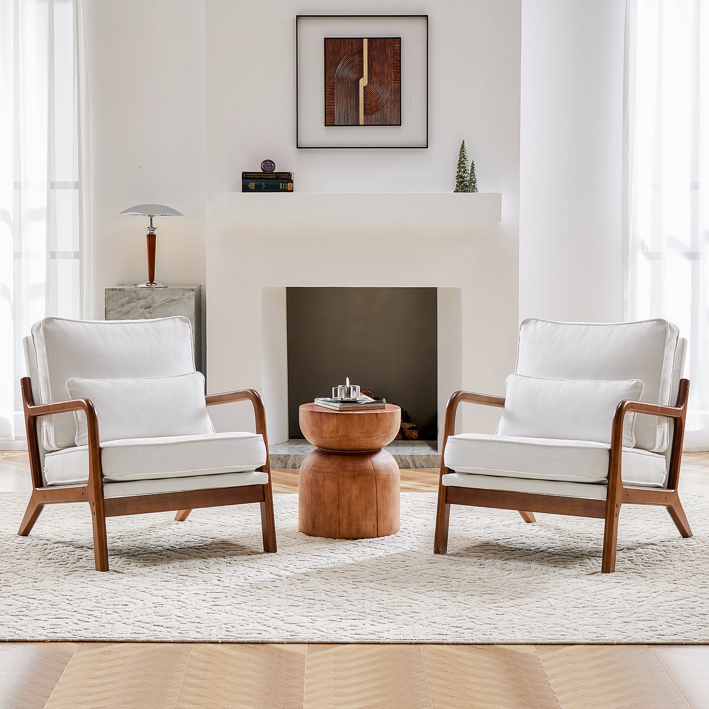 Mid-Century Modern Accent Chair with Lumbar Pillow – Solid Wood Frame, Removable Cushion Covers, Ergonomic Lounge Chair for Living Room, Bedroom, Office – Beige