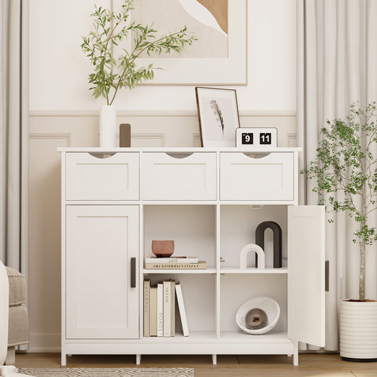 Modern White Storage Cabinet with Adjustable Shelves and Drawers