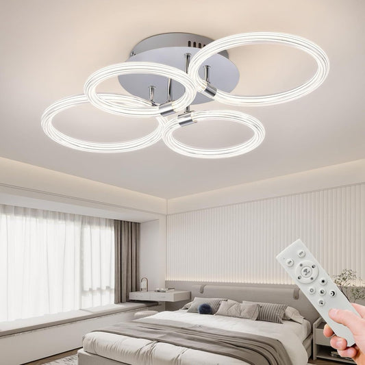 Modern LED Ceiling Light with Remote – 4-Head Flush Mount Ring Fixture