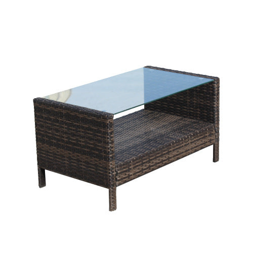 Outdoor Patio Coffee Table with Tempered Glass Top – Brown Wicker