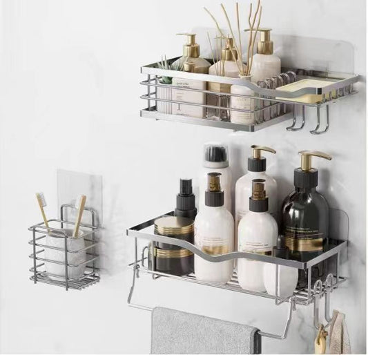 Rustproof SUS304 Stainless Steel Shower Caddy & Soap Dish with Hooks, No Drilling Adhesive Wall Mounted Bathroom Shelf, Shower Organizer Set – 3-Piece Set (White)