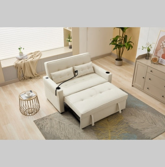 Futon Chair Bed – 3-in-1 Convertible Sleeper with USB Ports, Cup Holders & Storage Pockets – White, Wear-Resistant Leather