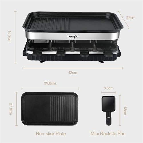 8-Person Raclette Grill – Non-Stick Coated Grill Plate, 8 Mini Pans, Adjustable Temperature Control, 1500W Party Grill
