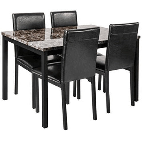 5-Piece Metal Dining Table and Chair Set with Imitation Marble Top – Black: