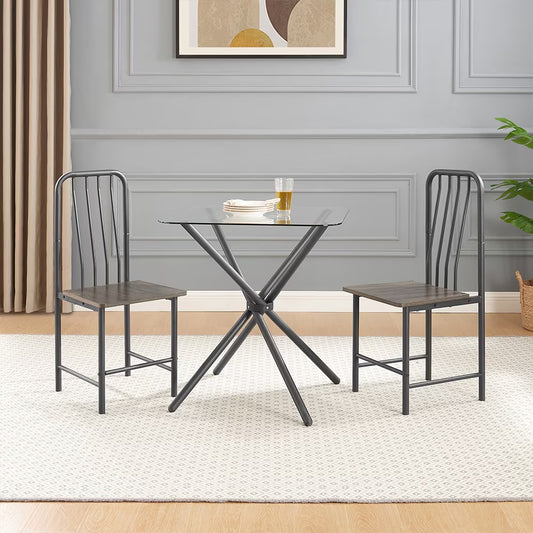 Dining Set for 2, Square Glass Tempered Dining Table with 4 Legs and 2 Metal Chairs, Black & Brown - Ideal for Home Office, Kitchen, or Dining Room
