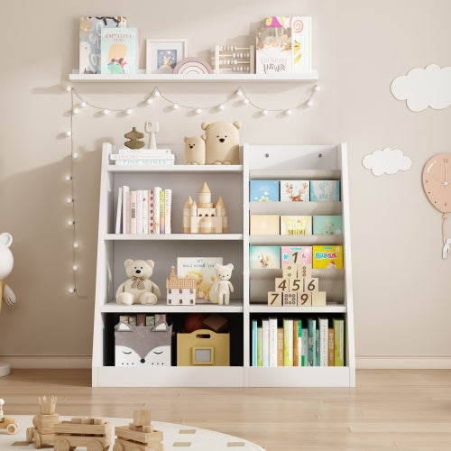 White Wooden Toy Storage Organizer Cabinet – 4-Tier Sling Bookshelf for Kids, Toddlers, Nursery & Playroom