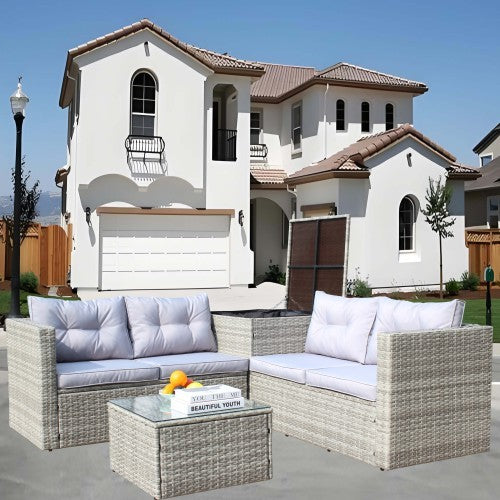 4 Piece Patio Sectional Wicker Rattan Outdoor Furniture Sofa Set with Storage Box (Grey)