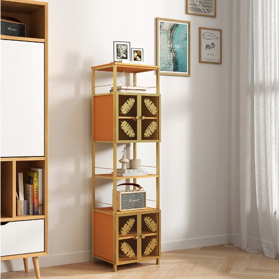 Freestanding Tall Cabinet – Narrow Metal Locker with Open Compartment & Doors (Orange + Gold, 58.8")