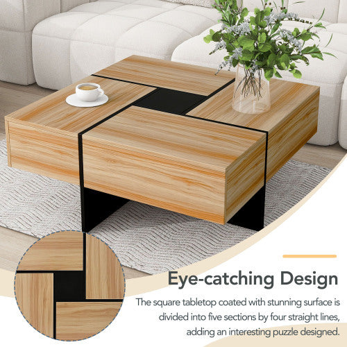ON-TREND Unique Design Coffee Table with 4 Hidden Storage Compartments and Extendable Sliding Top, Modern Brown UV High-gloss Finish, 31.5" Square Cocktail Table for Living Room