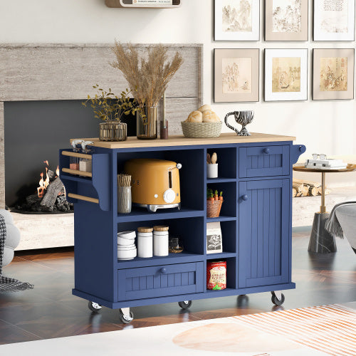 Kitchen Island Cart with Storage Cabinet, Solid Wood Top & Locking Wheels – Dark Blue