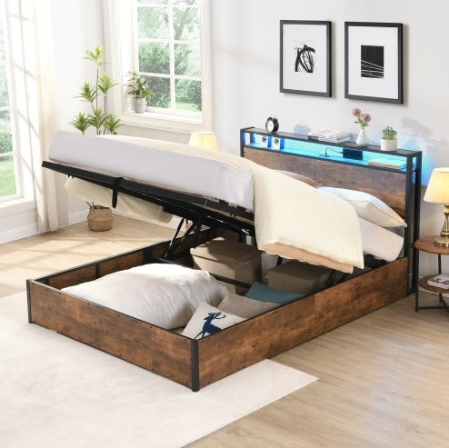 Full Size Lift-Up Platform Bed with LED Headboard, USB Charging, & Hidden Storage – Rustic Brown