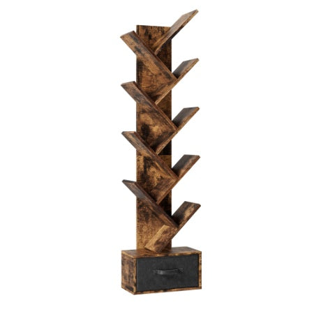 9-Tier Tree Bookshelf with Drawer – Deep Rustic Brown