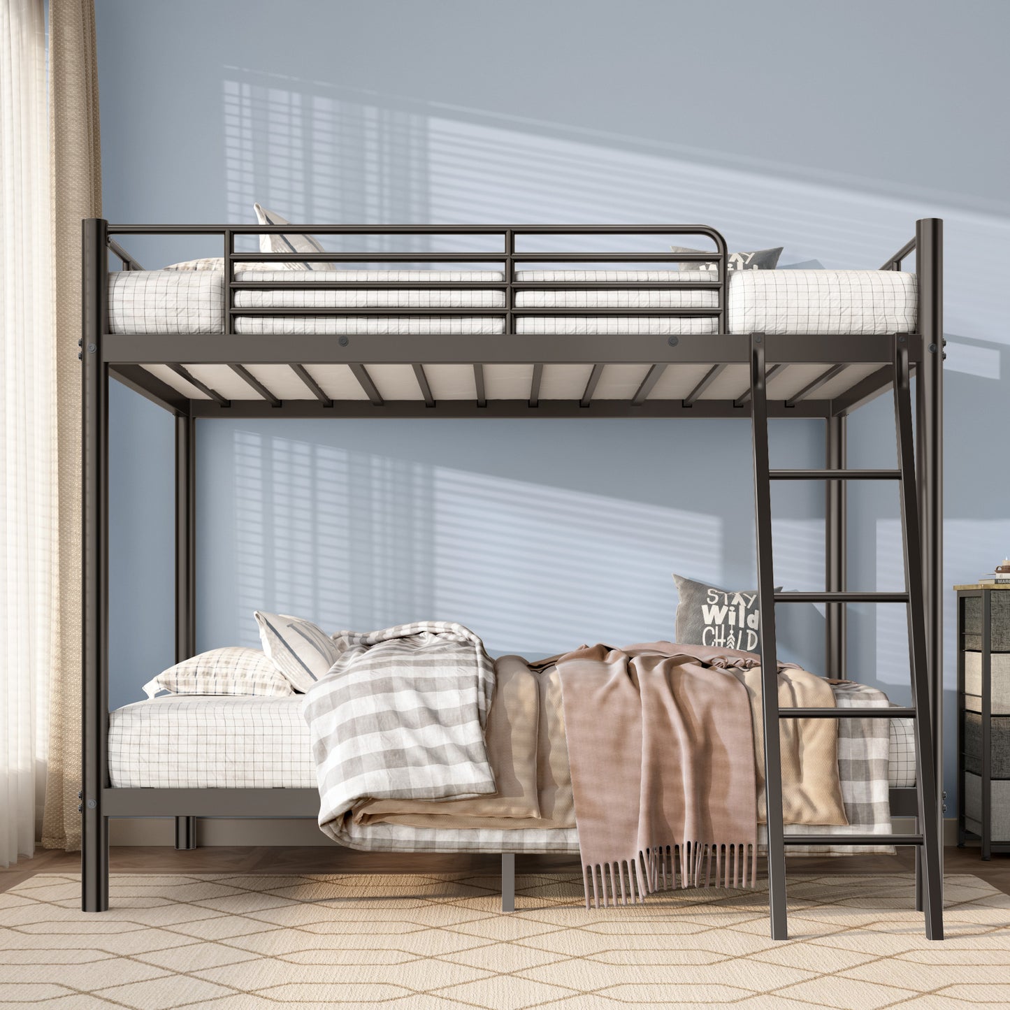 Twin Over Twin Metal Loft Bunk Bed with Ladder & Guardrails – Space-Saving Design for Bedrooms and Dorms