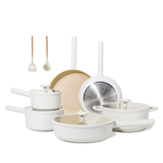 Premium Ceramic Cookware Set – 13, 14, or 16 Pieces with Removable Handles – Stackable Space-Saving Pots and Pans, Oven Safe, PFOA/PFOS-Free, Induction Ready (Beige)