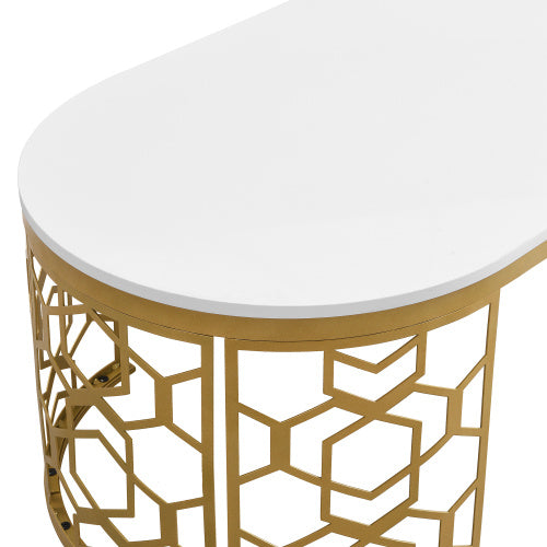 Modern Oval Coffee Table – White Gloss Top with Gold Metal Frame for Living Room