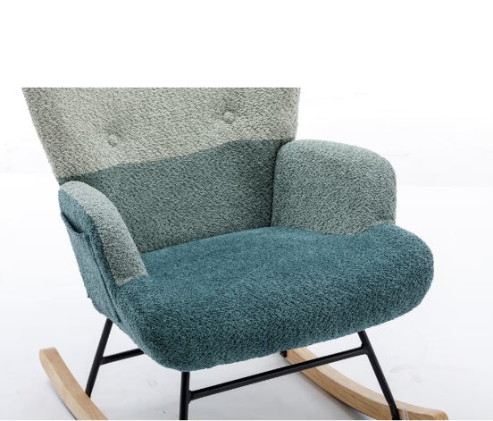 Modern Rocking Armchair with Solid Wood Armrests and Teddy Bear Upholstery for Living Room and Bedroom (Green + Dark Green)