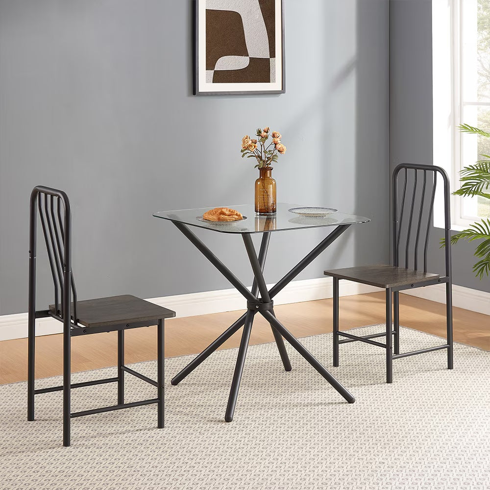 Dining Set for 2, Square Glass Tempered Dining Table with 4 Legs and 2 Metal Chairs, Black & Brown - Ideal for Home Office, Kitchen, or Dining Room