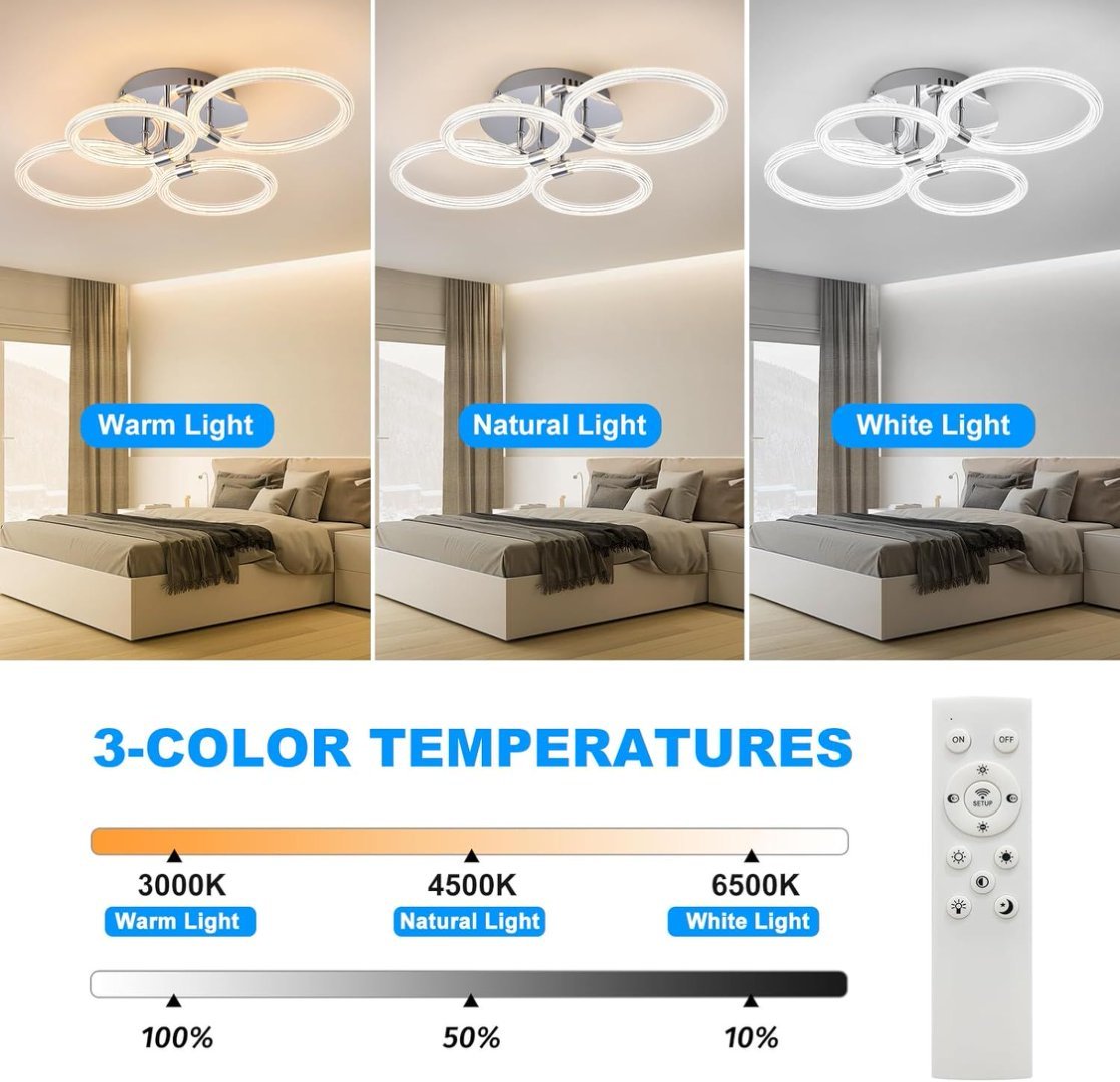 Modern LED Ceiling Light with Remote – 4-Head Flush Mount Ring Fixture