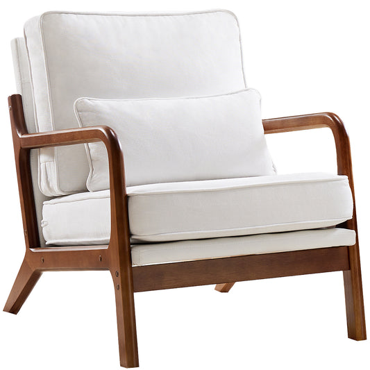 Mid-Century Modern Accent Chair with Lumbar Pillow – Solid Wood Frame, Removable Cushion Covers, Ergonomic Lounge Chair for Living Room, Bedroom, Office – Beige