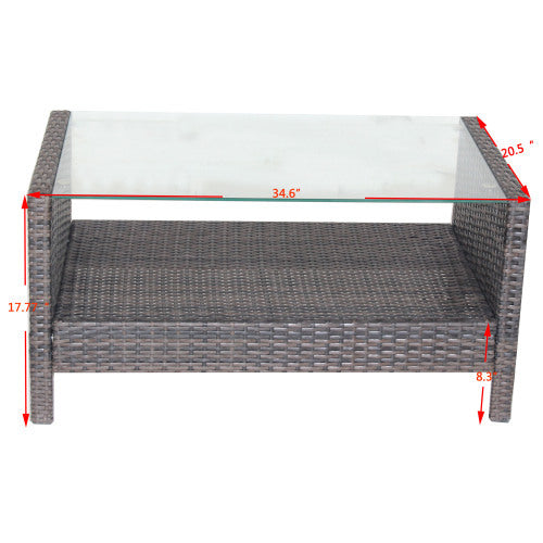 Outdoor Patio Coffee Table with Tempered Glass Top – Brown Wicker