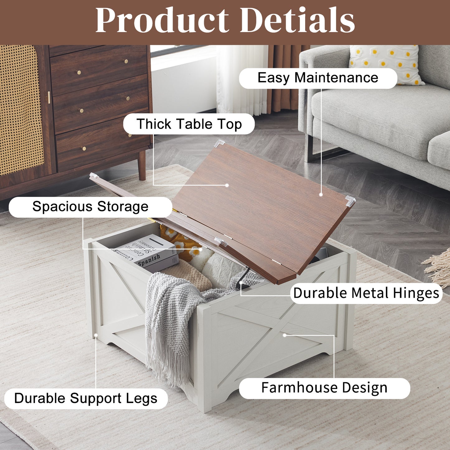 Modern Square Coffee Table with Hidden Storage – X-Frame Wood Design (31.5”)