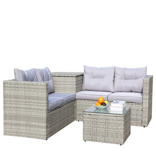 4 Piece Patio Sectional Wicker Rattan Outdoor Furniture Sofa Set with Storage Box (Grey)