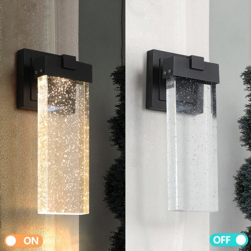 Modern Outdoor Waterproof LED Wall Lights – Set of 2 (Black Finish with Crystal Bubble Lampshade)