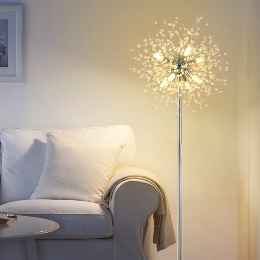 69-Inch Crystal Floor Lamp – Modern Firework-Inspired Design with 32 Crystal Slings and Chrome Finish