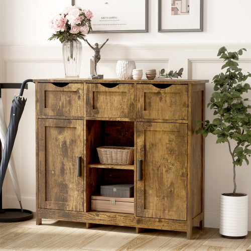 Vintage Wooden Storage Cabinet – Accent Floor Cabinet with Drawers, Doors & Adjustable Shelves for Living Room, Dining Room, or Bathroom
