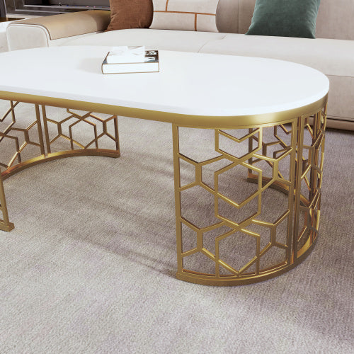 Modern Oval Coffee Table – White Gloss Top with Gold Metal Frame for Living Room