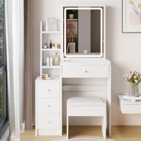 Compact LED Vanity with Stool – Touch Control Mirror, Tri-Color Light, Storage Drawers & Bedside Table Combo (White, Fits up to 5'6")