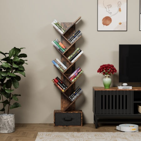 9-Tier Tree Bookshelf with Drawer – Deep Rustic Brown