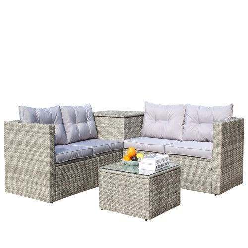 4 Piece Patio Sectional Wicker Rattan Outdoor Furniture Sofa Set with Storage Box (Grey)