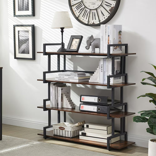 Industrial 4-Tier Metal & Wood Bookshelf – Black + Brown
